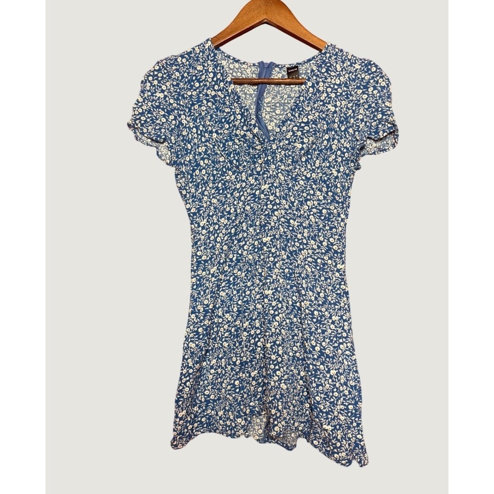 SHEIN Mini Dress Women Small Blue Excellent Ditsy Floral V-Neck Puff Sleeve
